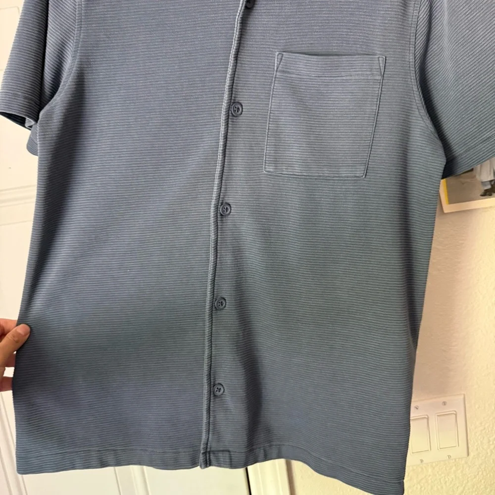 COMMON PEOPLE blue rib ribbed‎ knit cotton blend short sleeve button up shirt